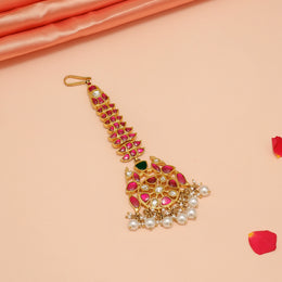 SIlver Floral Maang Tikka with Pink Kundans and Pearls