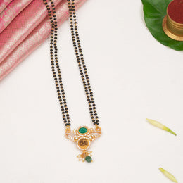 Silver Black Beads with Green Stone Lakshmi Pendant