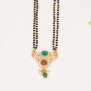 Silver Black Beads with Green Stone Lakshmi Pendant