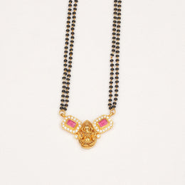 Silver Black Beads with Ganesh Pendant Embellished in Twin Pink Stones