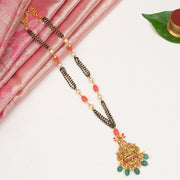 Silver Black Beads with Coral & Emerald Lakshmi Devi Pendant