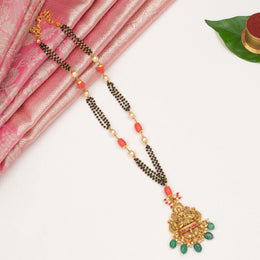 Silver Black Beads with Coral & Emerald Lakshmi Devi Pendant