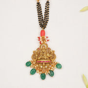 Silver Black Beads with Coral & Emerald Lakshmi Devi Pendant