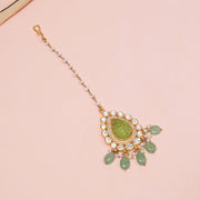 Drop-Shaped Silver Tikka with Kundans and Green Moissanite Stones
