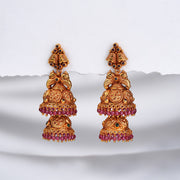 Silver Temple Double Jhumkas with Ruby and Emerald Potas