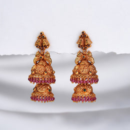 Silver Temple Double Jhumkas with Ruby and Emerald Potas