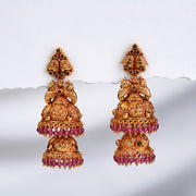 Silver Temple Double Jhumkas with Ruby and Emerald Potas