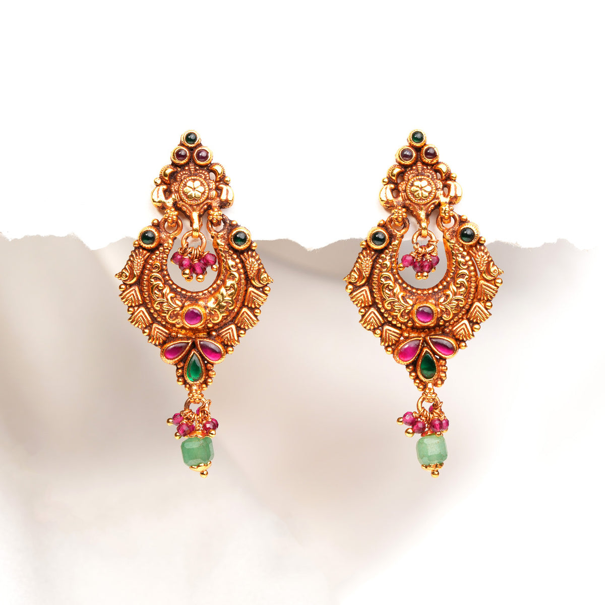 Temple SIlver Chandbalis with Emerald and Ruby Potas and Coloured Kund ...