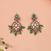 Silver Antique Earrings with Kundans and Emerald Beads