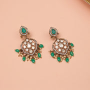Silver Antique Earrings with Kundans and Emerald Beads