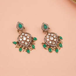 Silver Antique Earrings with Kundans and Emerald Beads