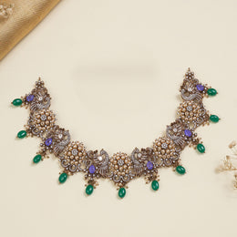 Victorian Silver Neckalce and Earrings Set with Peacock Design and Stones