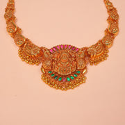 Temple Silver Necklace with Lakshmi and Peacock Combination