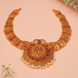 Temple Silver Necklace with Peacock Detailing and Coloured Kundans