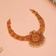 Temple Silver Necklace with Peacock Detailing and Coloured Kundans