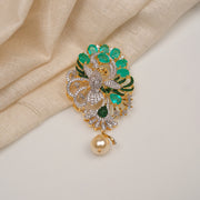 Stone-Studded Silver Bird Pendant with Green Moissanite Stone and Pearl