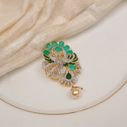 Stone-Studded Silver Bird Pendant with Green Moissanite Stone and Pearl