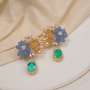 Silver Floral Earrings with Moissanite Stone and Pearl Combination