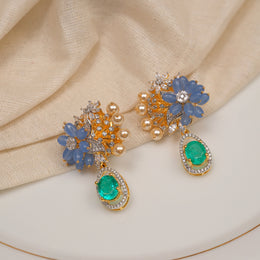 Silver Floral Earrings with Moissanite Stone and Pearl Combination