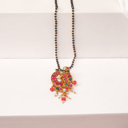 Black Bead Silver Chain with Peacock Pendant and Coloured Kundans