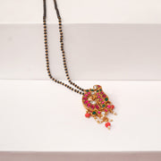 Black Bead Silver Chain with Peacock Pendant and Coloured Kundans