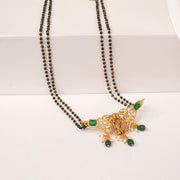 Stepped Black Bead Chain with Radha Krishna Pendant and Emerald Highlights