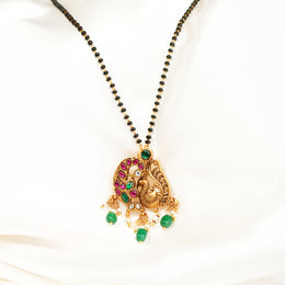 Black Bead Chain with Silver Peacock Pendant and Coloured Kundans