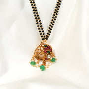 Stepped Black Bead Chain with Silver Peacock Pendant, Kundans, and Stone Hangings