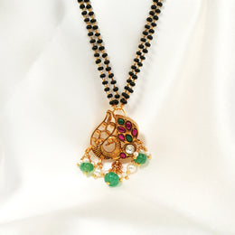 Stepped Black Bead Chain with Silver Peacock Pendant, Kundans, and Stone Hangings