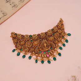 Silver Floral Detailing Antique Choker with Lakshmi Design