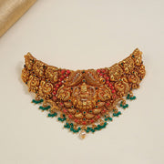 Silver Temple Finish Lakshmi Devi Choker with Coral Beads and Precious Stones