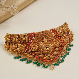 Silver Temple Finish Lakshmi Devi Choker with Coral Beads and Precious Stones
