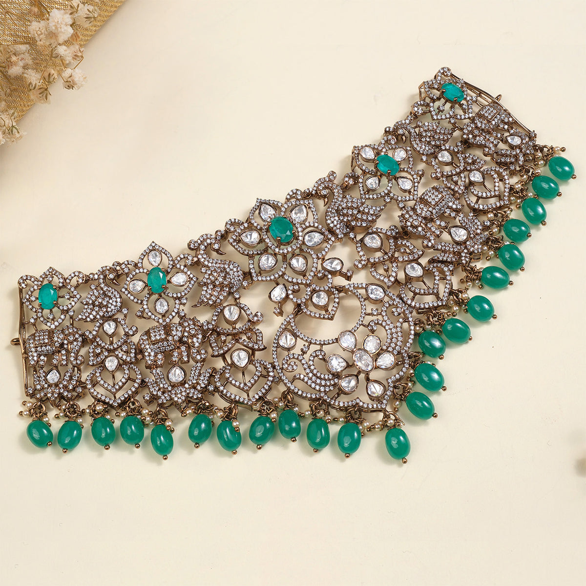 Victorian Choker with Kundans, Signity Stones, and Emeralds – Padmam