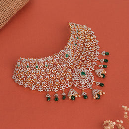 CZ and Emerald Studded Silver Choker with Jhumka Style Hangings