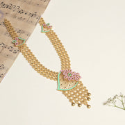 Elegant Contemporary Silver Haaram with Enamel Leaf Highlights