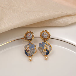 Silver Peacock Earrings with Rose Stud and Stone Highlights