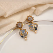 Silver Peacock Earrings with Rose Stud and Stone Highlights