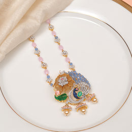 Silver Beaded Mala with Peacock and Rose Stone Pendant