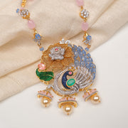 Silver Beaded Mala with Peacock and Rose Stone Pendant