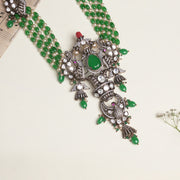 Pearl and Emerald Beaded Stepped Haaram with Silver Peacock Pendant