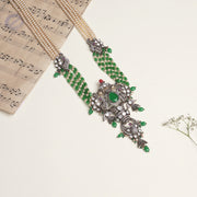 Pearl and Emerald Beaded Stepped Haaram with Silver Peacock Pendant