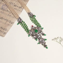Pearl and Emerald Beaded Stepped Haaram with Silver Peacock Pendant