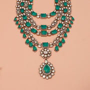 Silver Stepped Haaram with Kundans and Emerald Beads