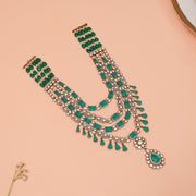 Silver Stepped Haaram with Kundans and Emerald Beads