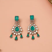 Silver Drop-Shaped Victorian Earrings with Kundans and Moissanite Stones