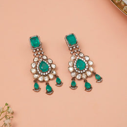 Silver Drop-Shaped Victorian Earrings with Kundans and Moissanite Stones