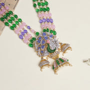 Stone Beaded Stepped Haaram with Silver Peacock Pendant