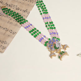 Stone Beaded Stepped Haaram with Silver Peacock Pendant