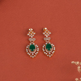 Fine Silver Earrings with Floral Stud and Emerald Hanging
