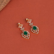 Fine Silver Earrings with Floral Stud and Emerald Hanging